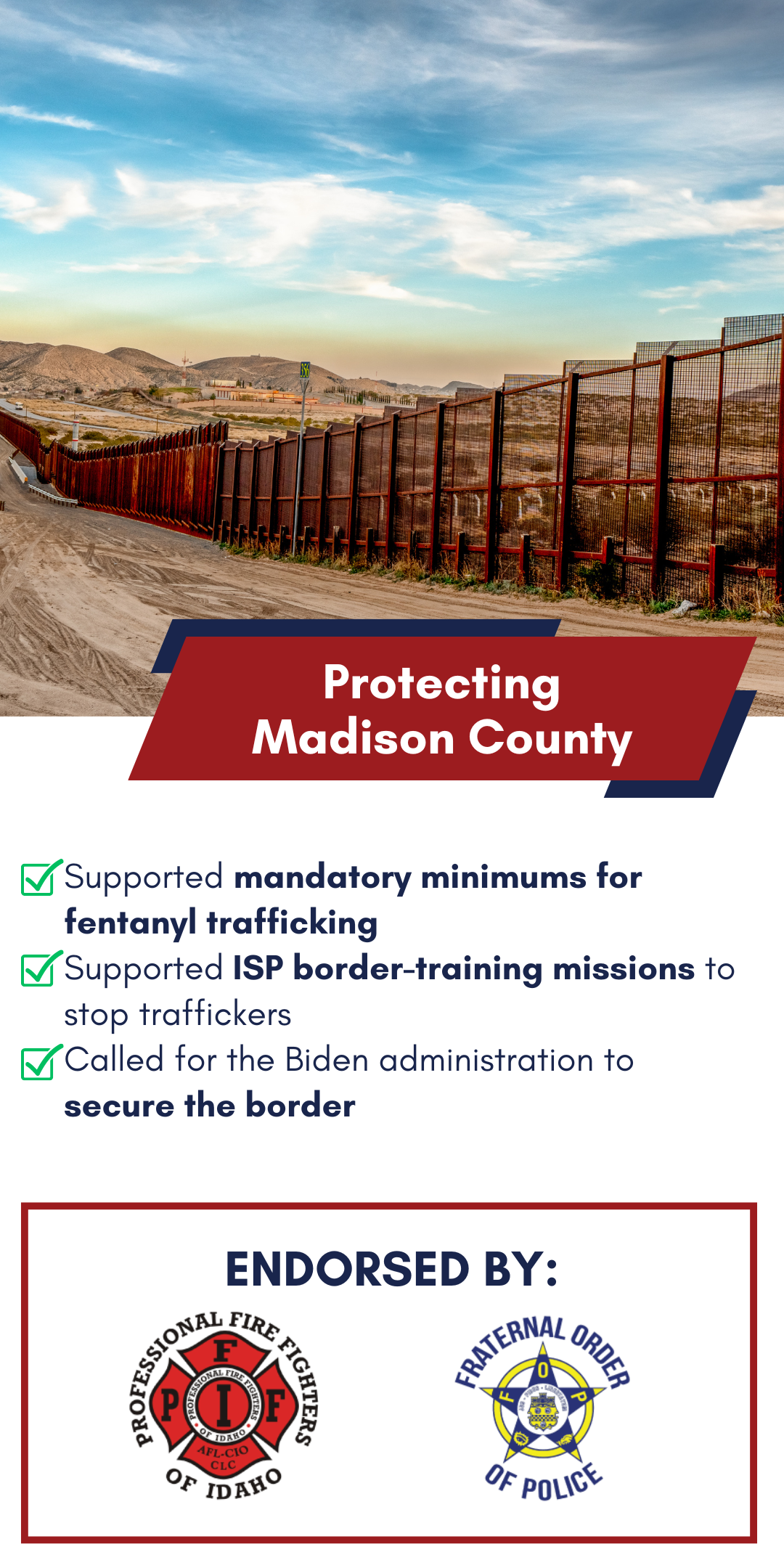 Britt Raybould protects Madison County with support for mandatory minimums for fentanyl trafficking, ISP border-training missions to stop traffickers, and calling for the Biden administration to secure the border.